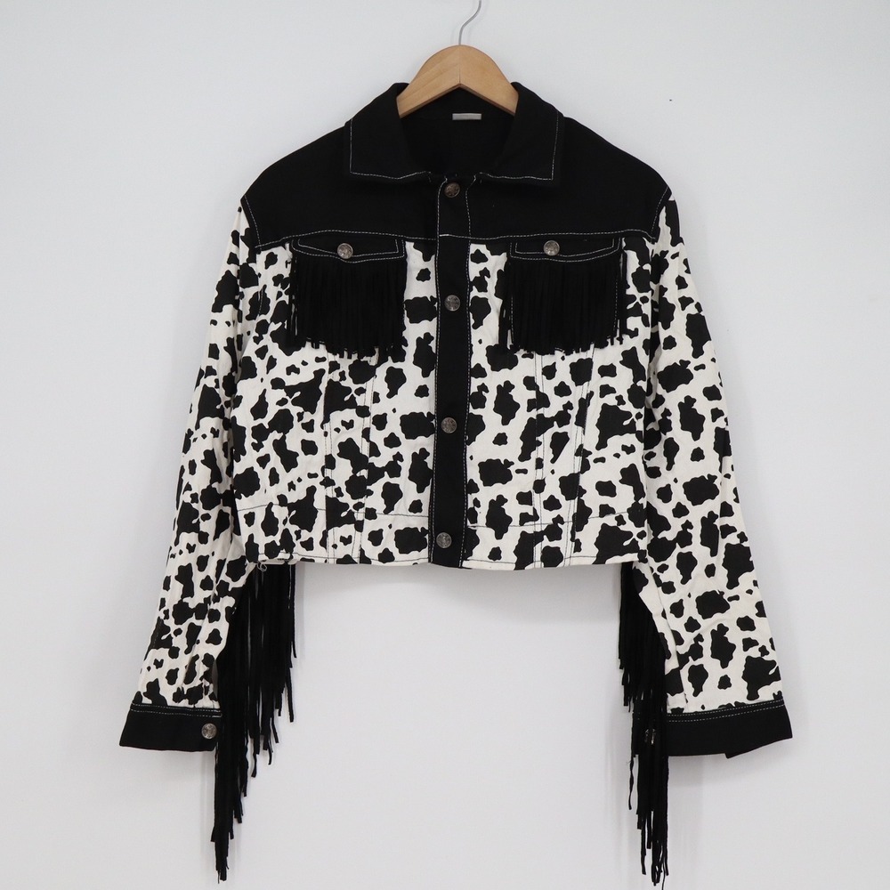Spirit Black and White Cow Print Fringe Denim Jacket